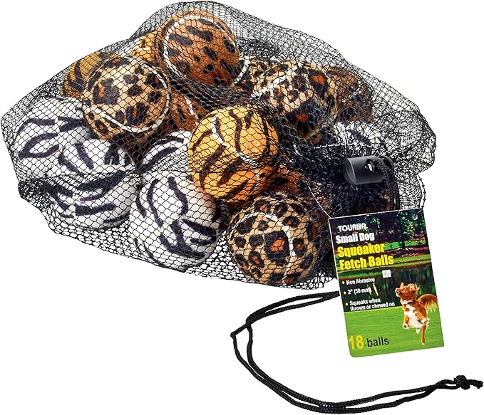 TOURNA Unique Sports Small Dog Animal Print Mini Tennis Fetch Balls, Squeaker Ball Dog Toy 18 Pack
