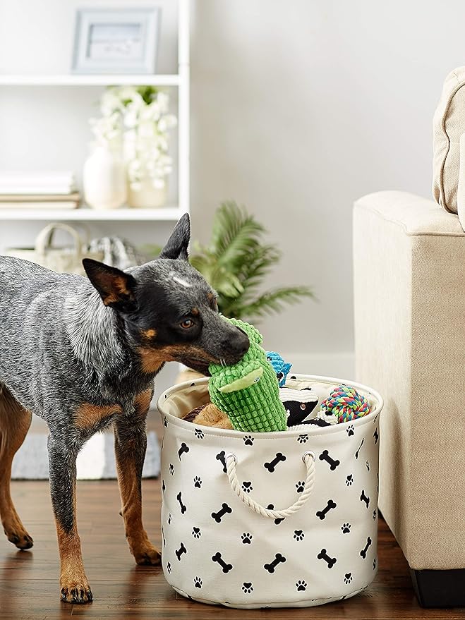 Bone Dry Pet Storage Collection Paw and Bone Print, Medium Round, 12x15x15", Black