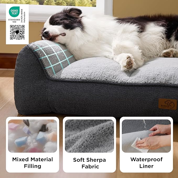 Bedsure Orthopedic Dog Beds Large Sized Dog - Extra Thick Supportive Large Dogs Bed with Waterproof Washable Cover, L Plus Comfort Pet Bed Sofa with Soft Plush Sherpa and Nonskid Bottom, Grey, 38"