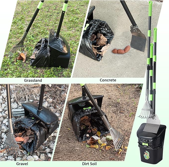 Dog Pooper Scooper, Long Handle Adjustable Metal Swivel Bin & Rake & Spade Kit with 20 Waste Bags, Portable Heavy Duty Dog Poop Scooper for Gravel Lawn, Suit for Small Medium Large Dog
