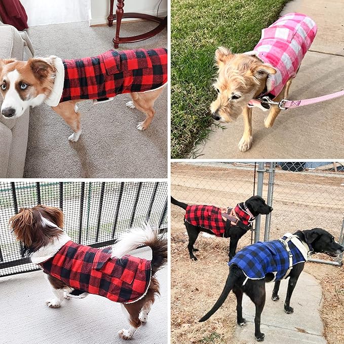 Malier Dog Winter Coat, Classic Plaid Fleece Dog Cold Weather Coats Dog Jacket with Pocket, Windprood Warm Dog Coat Vest Winter Pet Clothes Apparel for Small Medium Large Dogs (Red, Small)