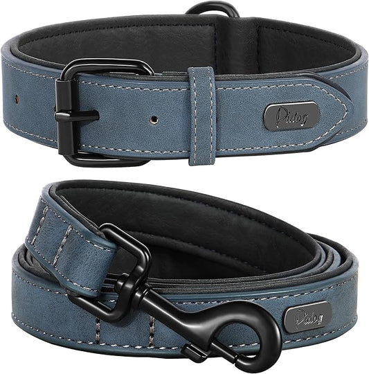 Didog Soft Padded Leather Dog Collar and Leash Set, Adjustable Dog Leash and Collar Set with Metal Buckle, Breathable Dog Collars with 4FT Faux Leather Dog Leash for Small Medium Large Dogs, Blue, XL