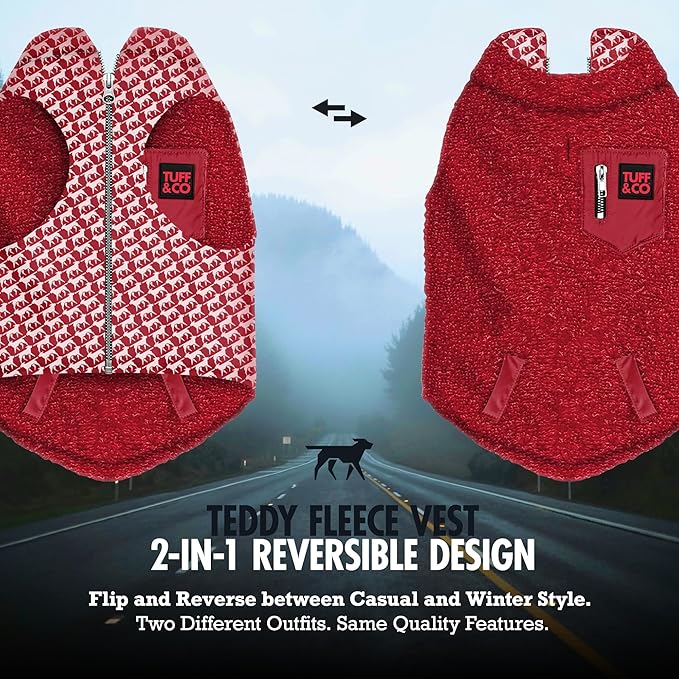 Tuff Pupper Reversible Fleece Sweater Vest for Dogs | Lightweight Comfortable Insulated Jacket | Front Zip Closure | Machine Washable | Built-in Leash Hole | Sizes for All Breeds (Large, Red)