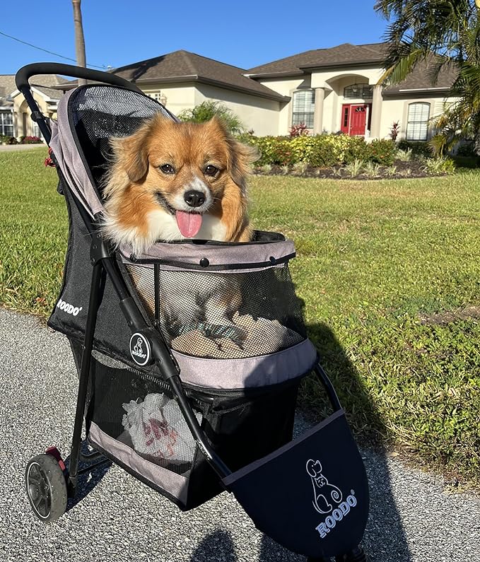 ROODO Escort 3 Wheel Dog Cat Pet Stroller for Small/Medium Dogs Cats Best Lightweight Foldable Portable Compact Jogger All Terrain Travel Pet Gear System Puppy Doggie Bunny Kitty Stroller(Grey)