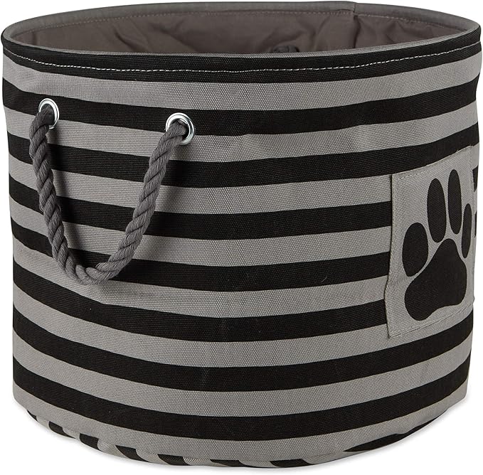 Bone Dry Pet Storage Collection Striped Paw Patch Bin, Black, Small Round