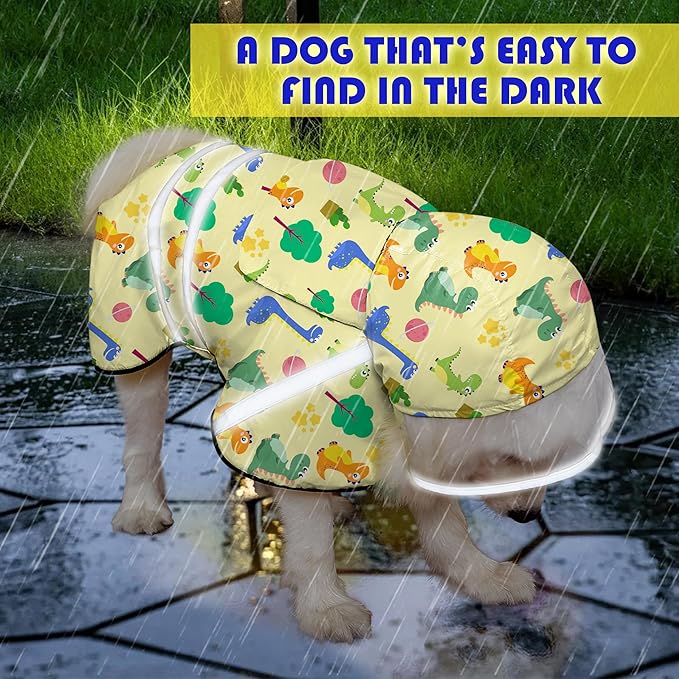 Dog Raincoat, Adjustable Rain Jacket with Hooded Double Layer for Large Medium Small Dogs Puppies, Lightweight Waterproof Rain Coat Poncho with Reflective Stripe Dinosaurs Yellow,L