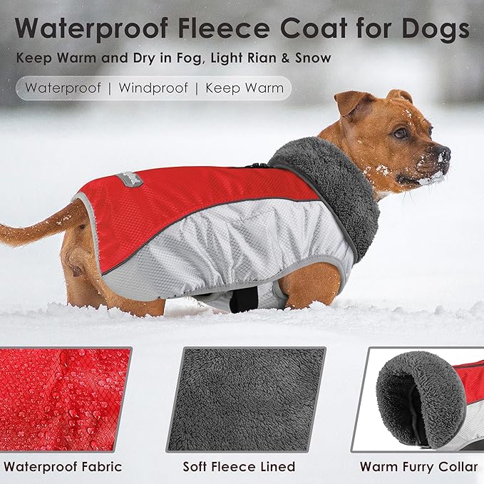 Dog Coat, Waterproof Ripstop Dog Winter Jacket with Leash Hole, Reflective Adjustable Warm Pet Fleece Snow Sweater for Small Medium Large Dogs - Red, S