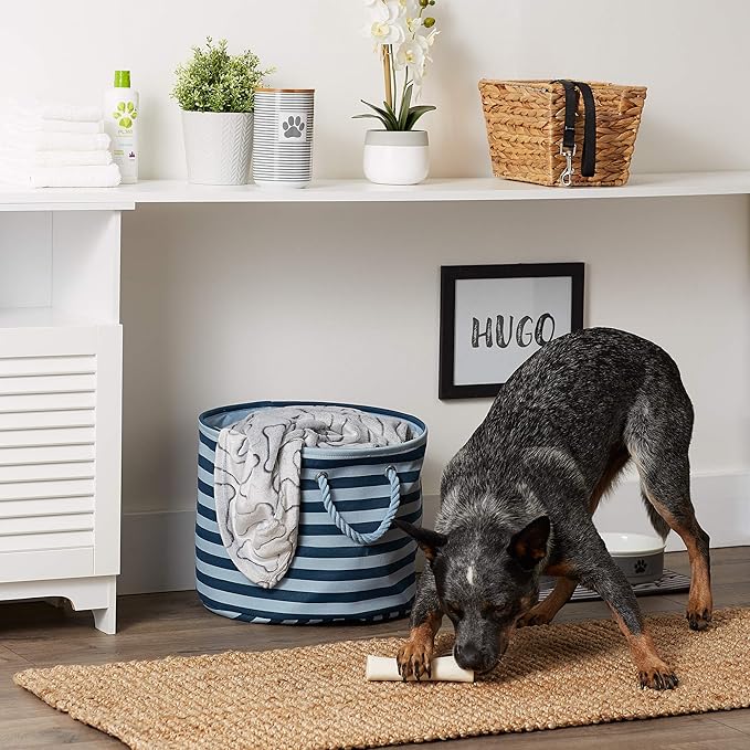 Bone Dry 5743 Pet Storage Collection Striped Paw Patch Bin, Medium Round, Dark Navy