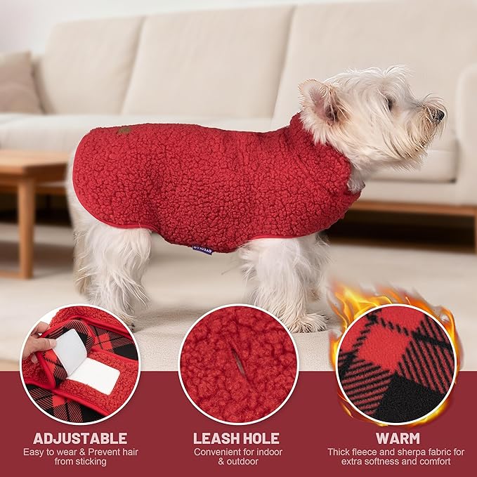 cyeollo Medium Dog Coat, Sherpa Dog Winter Coat Reversible Fleece Dogs Jackets Warm Doggie Sweater Vest for Small Medium Dogs Male with Leash Hole Soft Cold Weather Pet Clothes, Buffalo Plaid XL