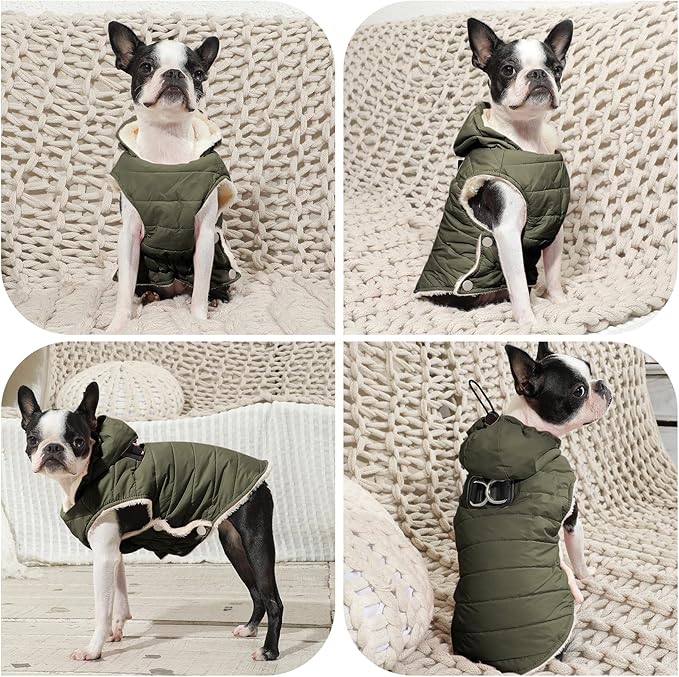 Fleece Lining Dog Hoodie with Harness Built in,Extra Warm Medium Dog Jacket in Winter Doggie Coats with Drawstring Hooded,Green L
