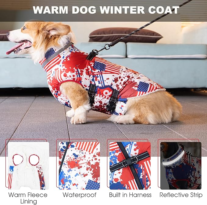 Small Dog Coat with Harness Built-in, Waterproof Reflective Fleece Lined - Warm Windproof Winter Jacket with Back Zipper, Cold Weather Snow Dog Coats - American Flag - XS