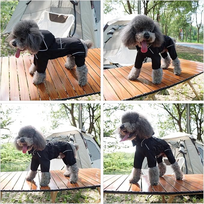 LOVELONGLONG Waterproof Dog Raincoat with Removable Hood – Outdoor Full Body Dog Jacket, Windproof Snowproof Shell Suit – All Season Pet Rain Gear Black S