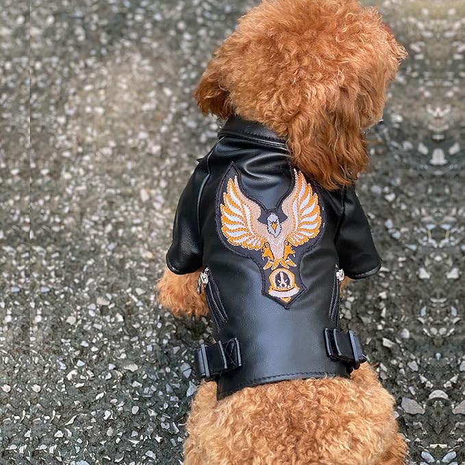 Lovelonglong Cool Dog Leather Jacket, Warm Coats Dogs Windproof Cold Weather Coats for Large Medium Small Dogs with Eagle Embroidery Black XL