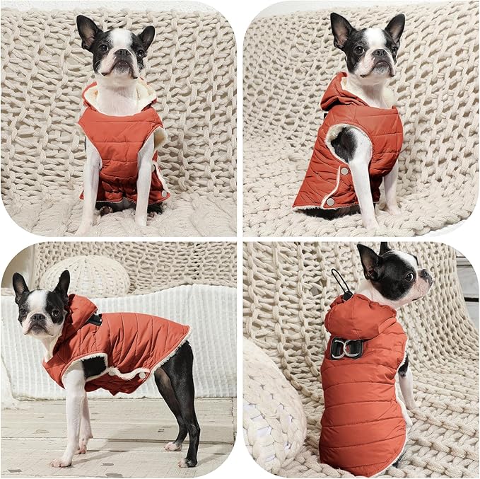 Fleece Lining Dog Hoodie with Harness Built in,Extra Warm Medium Dog Jacket in Winter Doggie Coats with Drawstring Hooded,Orange L