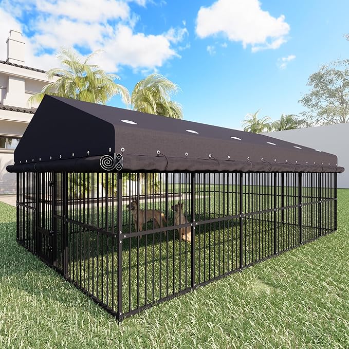 10x15x6 FT Dog Kennel, Outdoor Dog House with Roof All Weather Resistant Large Dog Enclosure Cage with Triple Locks, Heavy Duty Metal Dog Pens Outside (118" W x 179" D x 78" H)