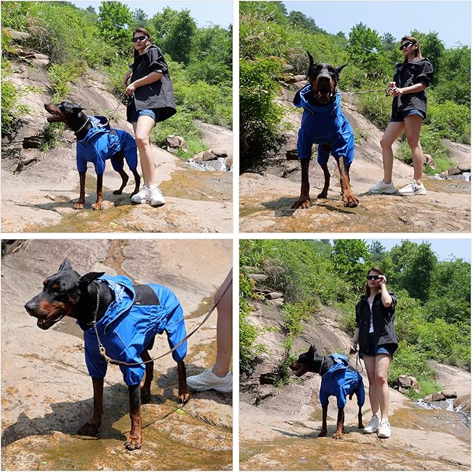 LOVELONGLONG Waterproof Dog Raincoat with Removable Hood – Outdoor Full Body Dog Jacket, Windproof Snowproof Shell Suit – All Season Pet Rain Gear Blue S+