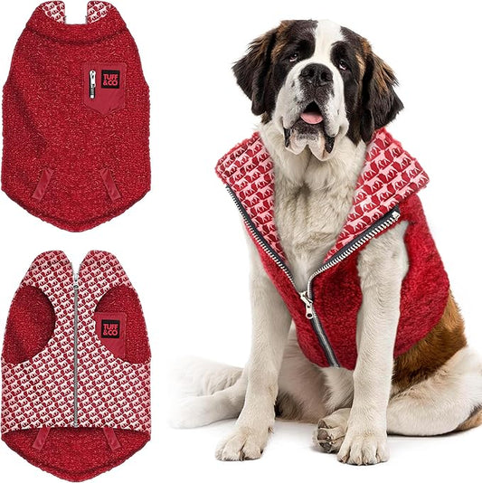 Tuff Pupper Reversible Fleece Sweater Vest for Dogs | Lightweight Comfortable Insulated Jacket | Front Zip Closure | Machine Washable | Built-in Leash Hole | Sizes for All Breeds (XXL, Red)