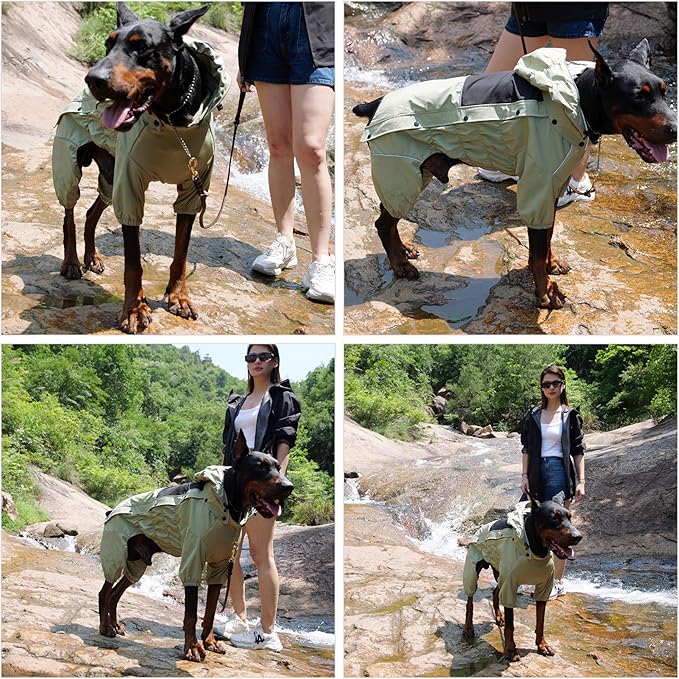 LOVELONGLONG Fleece-Lined Dog Raincoat with Removable Hood – Waterproof Winter Full Body Dog Jacket – Windproof Snowproof Cold-Weather Suit – Green-F M