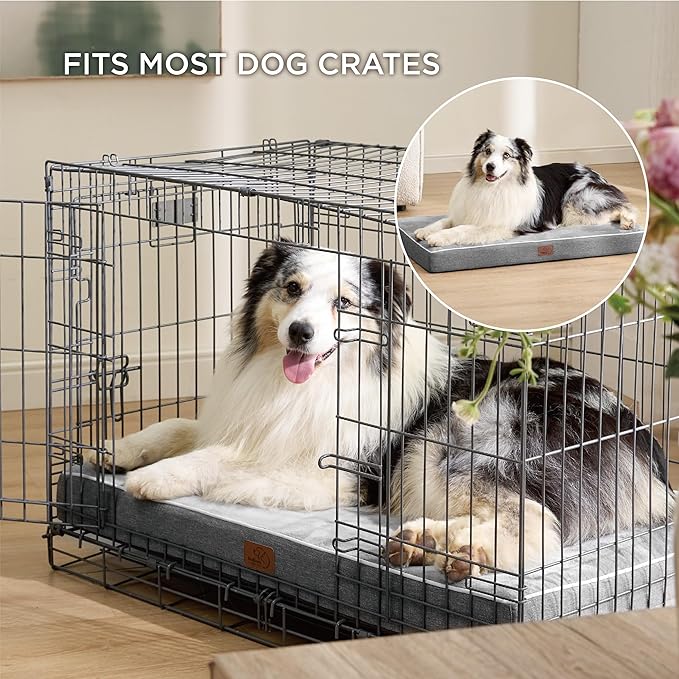 Bedsure Memory Foam Dog Beds Large Sized Dog - Orthopedic Pet Beds for Crate with Removable Washable Cover and Nonskid Bottom, Plush Flannel Fleece Top Pet Mat, Light Grey