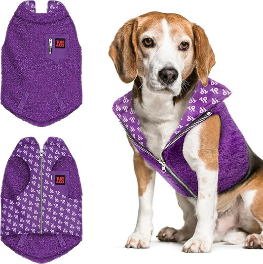 Tuff Pupper Reversible Fleece Sweater Vest for Dogs | Lightweight Comfortable Insulated Jacket | Front Zip Closure | Machine Washable | Built-in Leash Hole | Sizes for All Breeds (Medium, Purple)