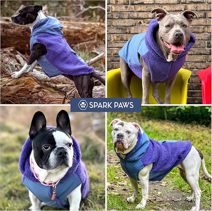 Spark Paws Reversible Dog Sweater, Sherpa Vest with Warm Fleece Lining, Warm Coat for Winter, Suitable for Small Medium, Large, XL XXL Dogs - Purple and Navy Blue - 2XL
