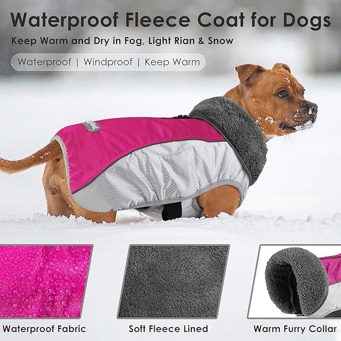Dog Coat, Waterproof Ripstop Dog Winter Jacket with Leash Hole, Reflective Adjustable Warm Pet Fleece Snow Sweater for Small Medium Large Dogs - Rosy Red, S