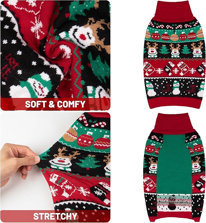 cyeollo Dog Christmas Sweater, Turtleneck Knitted Sweaters with Leash Hole Soft Pullover Clothes, Warm Dog Outfit Xmas Clothes for Small Dog & Cat, S