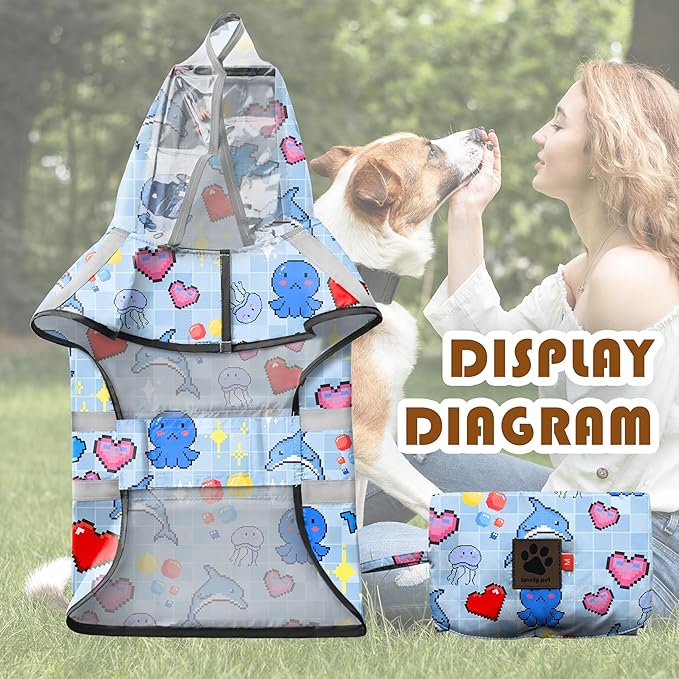 Dog Raincoat, Adjustable Rain Jacket with Hooded Double Layer for Large Medium Small Dogs Puppies, Lightweight Waterproof Rain Coat Poncho with Reflective Stripe Ocean Dolphin Blue,XXL