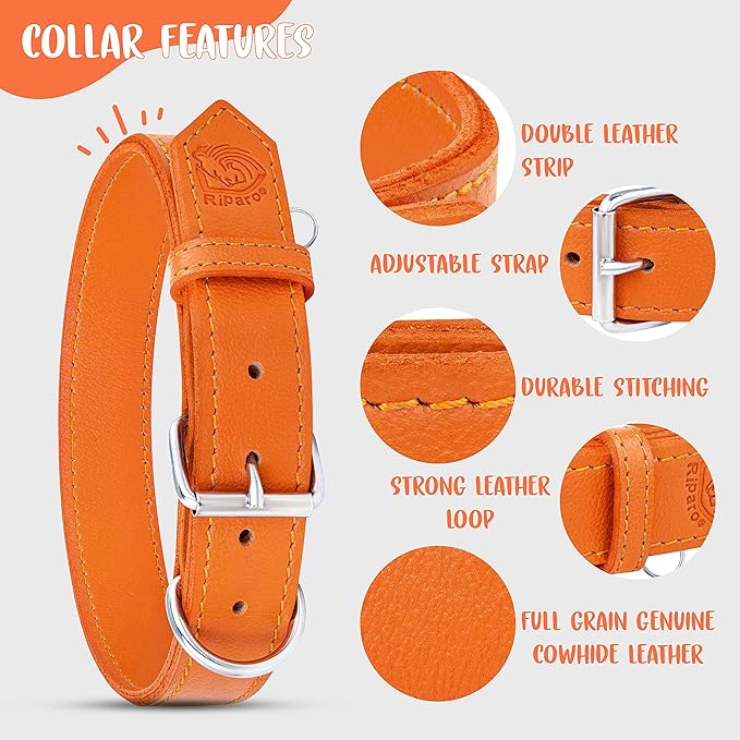 Riparo Dog Collar - Genuine Leather Dog Collars - Heavy Duty Dog Collars for Medium Large and Extra Large Dog Breeds (XL: 1.5” Wide for 22” - 26” Neck, Orange)
