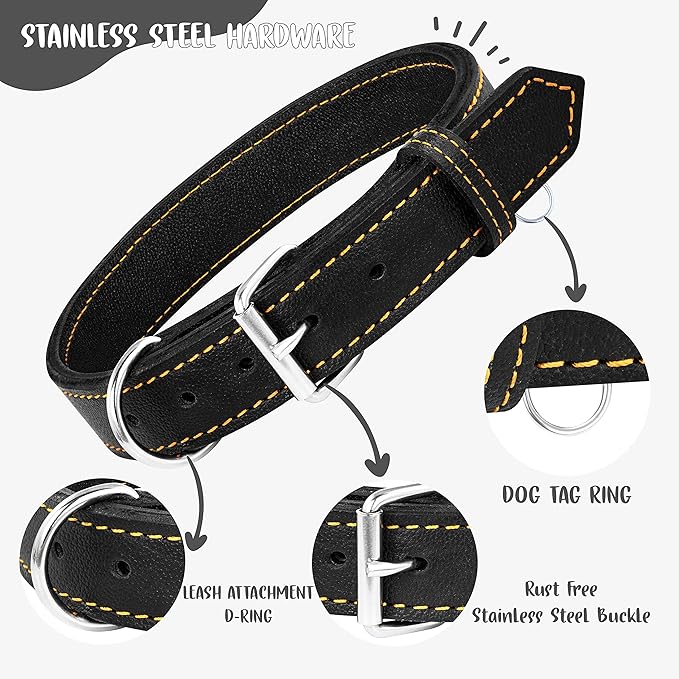 Riparo Dog Collar - Genuine Leather Dog Collars - Heavy Duty Dog Collars for Medium Large and Extra Large Dog Breeds (M: 1” Wide for 14” - 18” Neck, Black/Orange Thread)