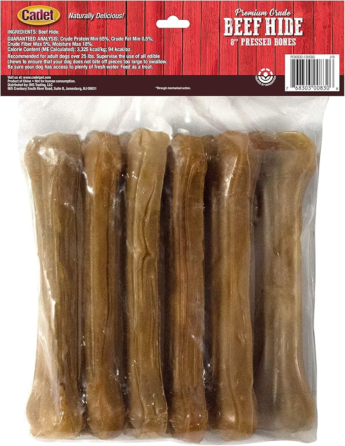 Cadet Premium Grade Pressed Beef Hide Bones, Long Lasting Rawhide Dog Chews, 8 Inch (6 Count)