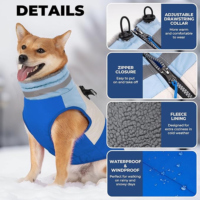 Dog Coat, Waterproof Dog Winter Coats for Small Dogs, Reflective Dogs Jacket with Harness Built in, Zip-up Cold Weather Coats Pet Vest Turtleneck Doggy Snowsuit, Blue Medium