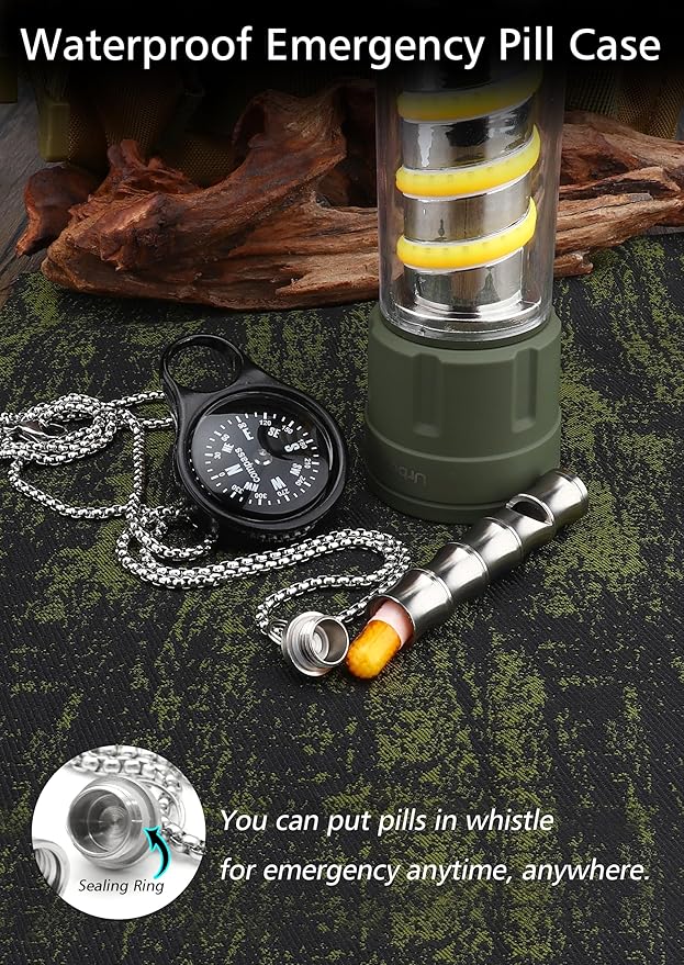 Titanium Pill Holder Necklace for Men Women Emergency Whistle Mini Keychain Nitro Pill Case with Loud Whistles EDC Safety Backpacking Survival Hiking Camping Pets Training