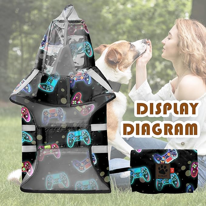 Dog Raincoat, Adjustable Rain Jacket with Hooded Double Layer for Large Medium Small Dogs Puppies, Lightweight Waterproof Rain Coat Poncho with Reflective Stripe Game Controller Black,L