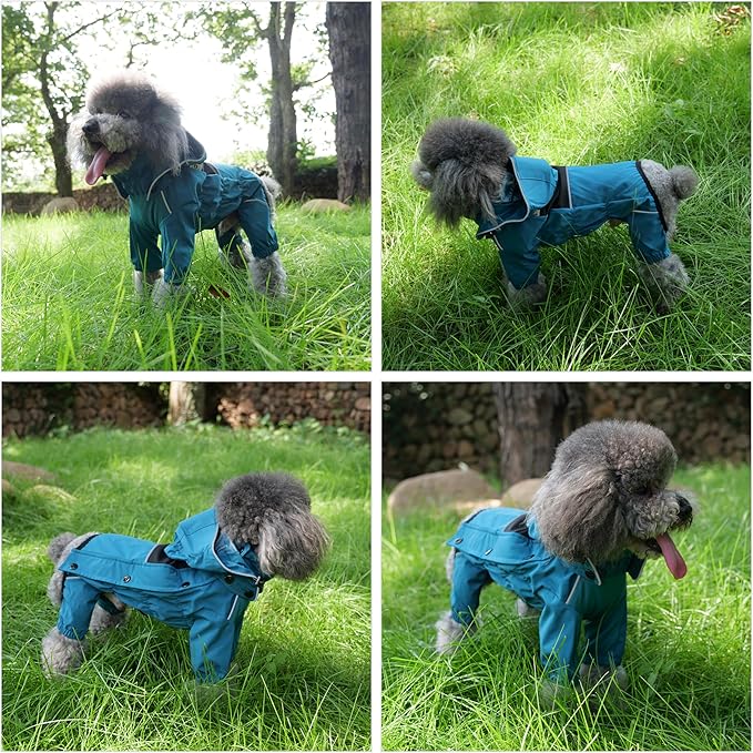 LOVELONGLONG Waterproof Dog Raincoat with Removable Hood – Outdoor Full Body Dog Jacket, Windproof Snowproof Shell Suit – All Season Pet Rain Gear Ocean Teal S+