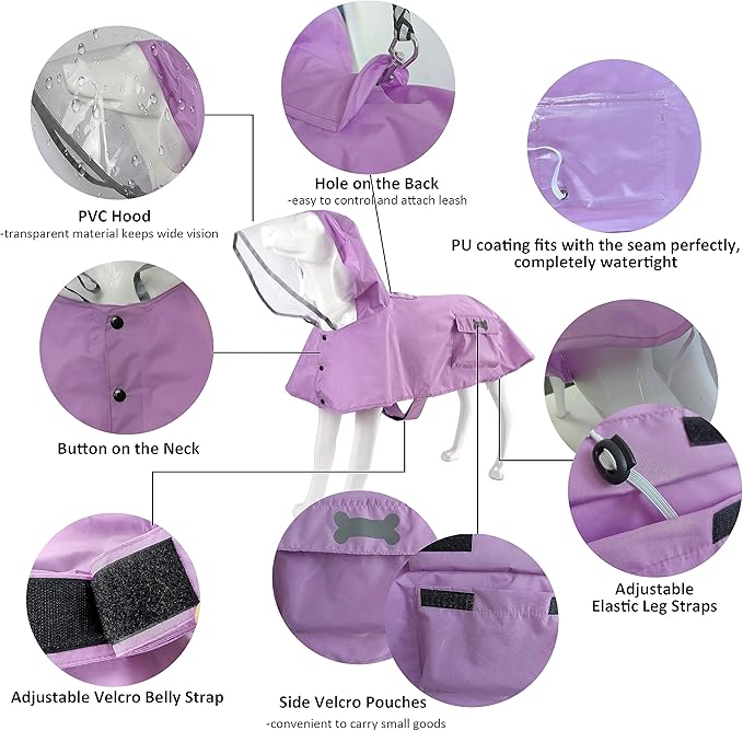 Waterproof Dog Raincoat, Adjustable Reflective Lightweight Pet Rain Clothes with Poncho Hood(Small, Light Purple)