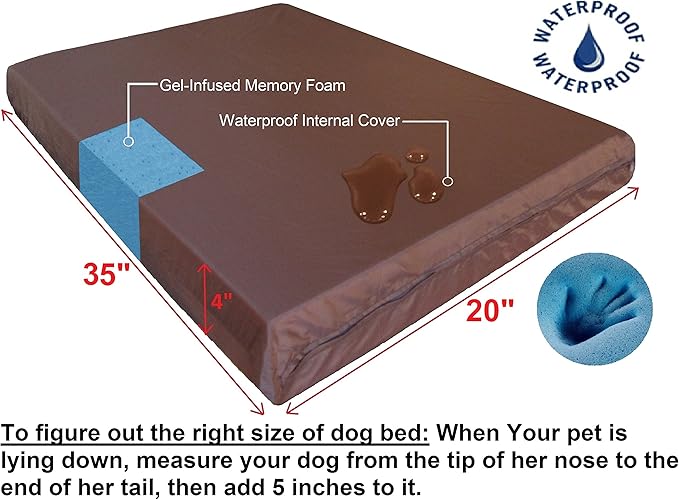 Dogbed4less Orthopedic Gel Cooling Memory Foam Dog Bed with Waterproof Liner and External Durable Denim Cover for Small to Medium Pet 35X20X4 Inches