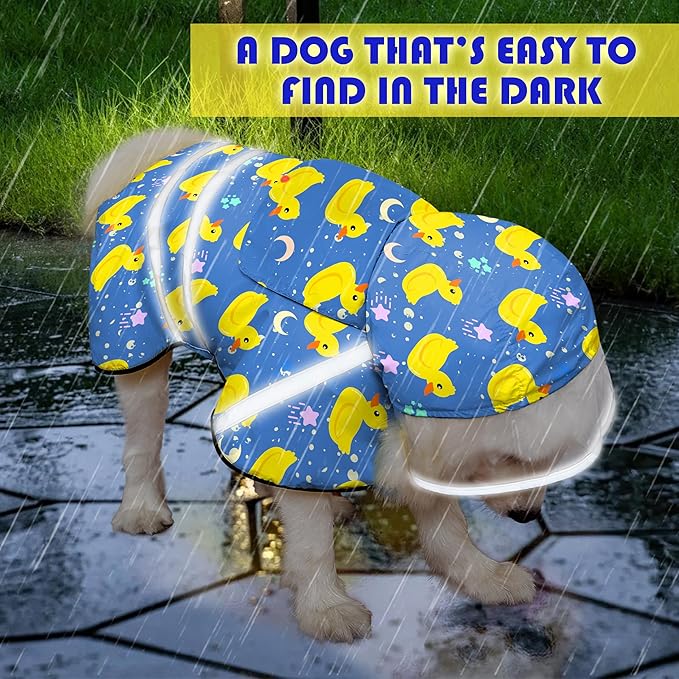 Dog Raincoat, Adjustable Rain Jacket with Hooded Double Layer for Large Medium Small Dogs Puppies, Lightweight Waterproof Rain Coat Poncho with Reflective Stripe Duck Blue,S