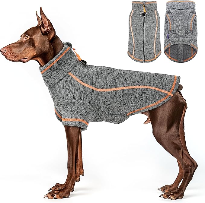 cyeollo Dog Sweater Fleece Jackets with Zipper Fleece Lining Warm Step in Coats Reflective Dog Sweaters for Large Dogs, Grey XXX-Large