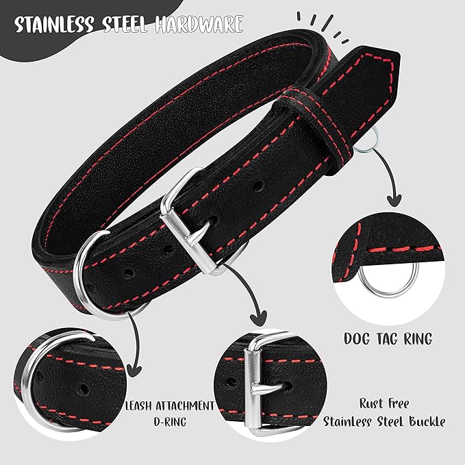 Riparo Dog Collar - Genuine Leather Dog Collars - Heavy Duty Dog Collars for Medium Large and Extra Large Dog Breeds (M: 1” Wide for 14” - 18” Neck, Black/Red Thread)