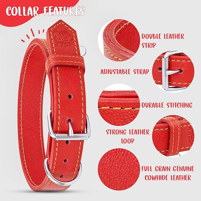 Riparo Dog Collar - Genuine Leather Dog Collars - Heavy Duty Dog Collars for Medium Large and Extra Large Dog Breeds (M: 1” Wide for 14” - 18” Neck, Red)