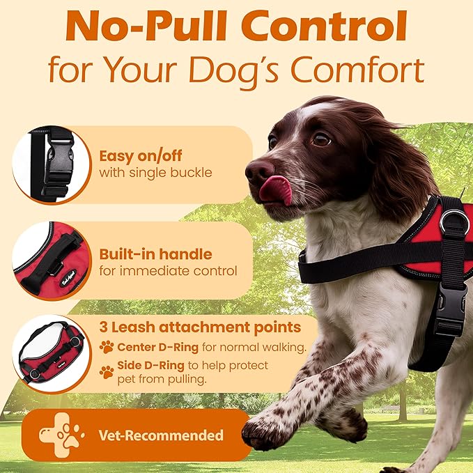 Bark Appeal Red No-Pull Dog Harness for XS to Small Sized Pets – Adjustable, Reflective Vest with 3 Leash Clips for Added Control, Easy Walks & Training – Small