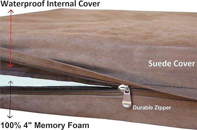 Dogbed4less Premium HeadRest Pillow Orthopedic Cool Memory Foam Dog Bed for Large Dogs, Waterproof Lining with Washable Suede Brown Cover, XXL 55X37