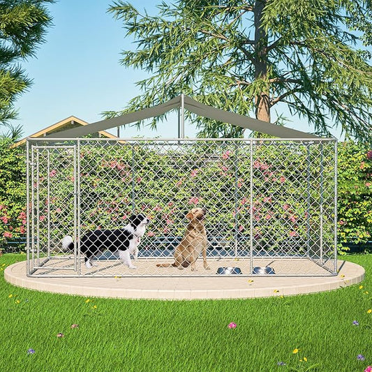 Outdoor Dog Enclosure,Heavy Duty Dog Kennel House Mesh Outside,Galvanized Chain Link Dog Run with Roof,Dog Cage Large Dogs,Dog Pen,Pet Kennel W/Waterproof Anti-UV Cover&Secure Lock for Large Dog