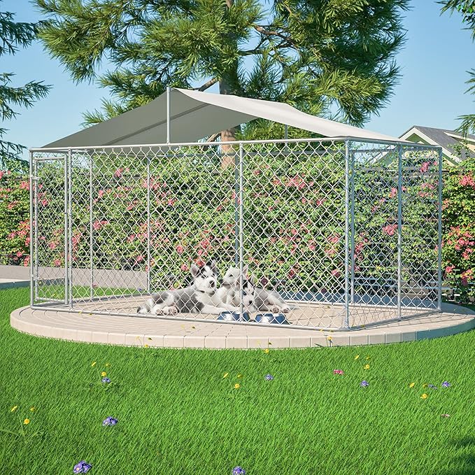 Outdoor Dog Enclosure,Heavy Duty Dog Kennel House Mesh Outside,Galvanized Chain Link Dog Run with Roof,Dog Cage Large Dogs,Dog Pen,Pet Kennel W/Waterproof Anti-UV Cover&Secure Lock for Large Dog
